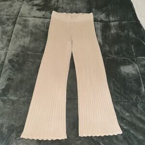 Pink Rose Pant Women's Large Beige Ribbed Knitted Wide Leg Casual Pull-On